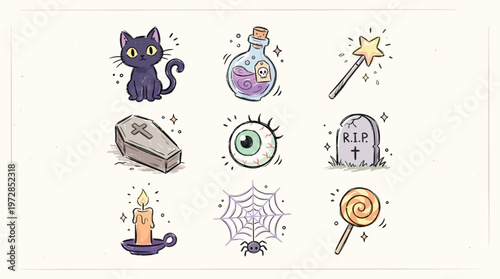 A collection of nine cute cartoon Halloween icons including a black cat, potion, wand, coffin, eyeball, tombstone, candle, spiderweb, and lollipop.
