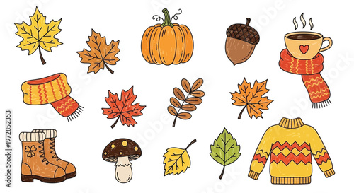 A collection of hand-drawn autumn-themed illustrations featuring colorful leaves, a pumpkin, an acorn, warm clothing like scarves, boots, and a sweater, a hot drink, and a mushroom.