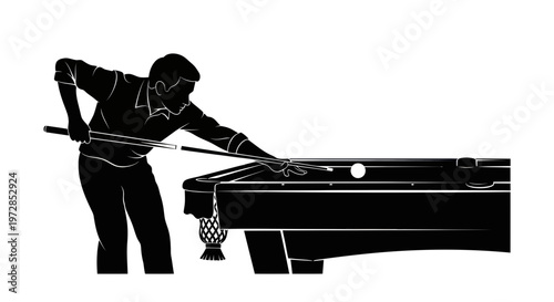 Silhouette of a man playing billiards, aiming a shot on a pool table