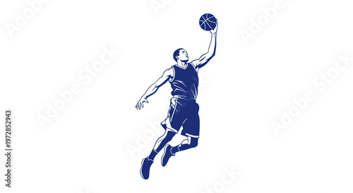 Basketball player dunking, dynamic jump, athletic motion, sports silhouette, blue on white