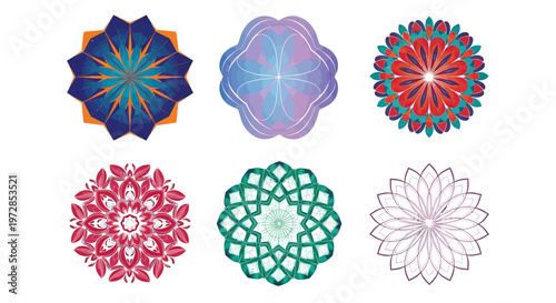 Set of diverse colorful circular mandala patterns and geometric floral design elements