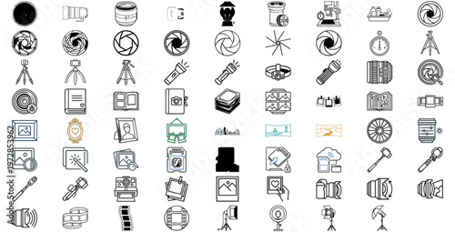 Mega Collection of 71 Photography Vector Icons. Professional Set featuring Camera Lenses, Apertures, Tripods, Darkroom Gear, DSLR, Mobile Vlogging, Flashlights, and Digital Media Graphic Symbols.