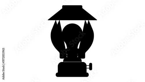 Black silhouette vector icon of a vintage oil lantern or camping gas lamp, minimalist flat illustration for outdoor adventure, lighting, and historical design, scalable AI-generated graphic.