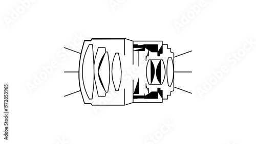 Camera Lens Cross-Section Vector Illustration Featuring Internal Optical Elements and Glass Components, Minimalist Line Art Icon for Photography, Optics, and Technology Design Projects.