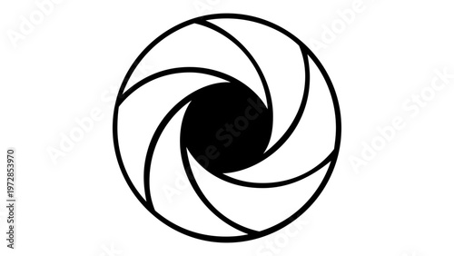 Minimalist black and white camera shutter aperture vector icon illustration. Scalable flat design symbol for photography, lens diaphragm, and media technology projects. AI-generated graphic art.