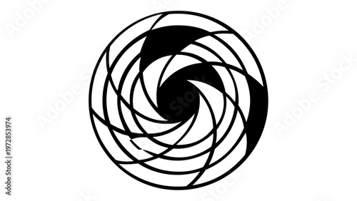 Minimalist black and white vector illustration of a camera lens aperture shutter icon, featuring a geometric spiral design for photography, cinematography, and digital imaging, scalable graphic.