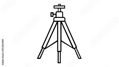 Professional camera tripod vector icon illustration. Minimalist black line art of a photography and videography equipment stand. Scalable flat design for digital media and graphic resources.