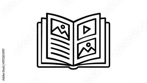 Open Photo Album Vector Icon Illustration, Minimalist Portfolio Book with Images and Video Play Button, Digital Media Gallery and Photography Collection Graphic, Scalable Flat Line Art Design