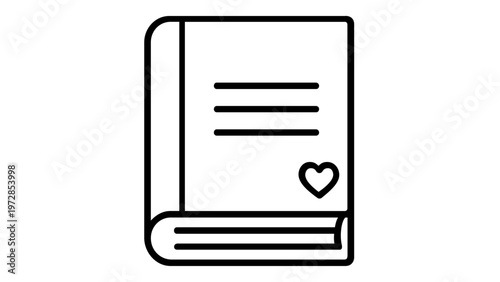 Minimalist book vector icon with heart symbol, black line art illustration for literature, education, romance novels, and reading hobby, scalable flat design element, AI-generated graphic art.