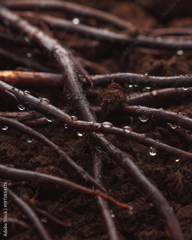 Fototapeta premium Perennial grain roots with water droplets on dark soil, showcasing natural growth and moisture essential for healthy agriculture and sustainable farming