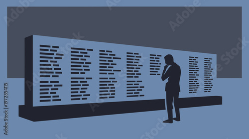 Silhouette of a person standing in front of a memorial wall with names engraved vector