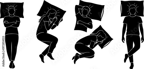 Silhouettes of five people sleeping in different positions on their backs and sides, with pillows.
