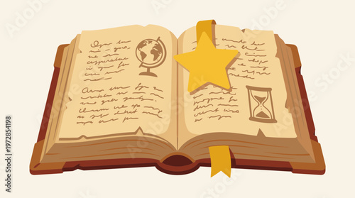 Vector illustration of an open old book with a yellow star bookmark representing history and education