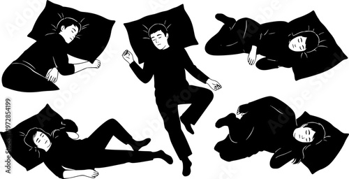 Silhouettes of five people sleeping in different positions on their backs and sides, with pillows.
