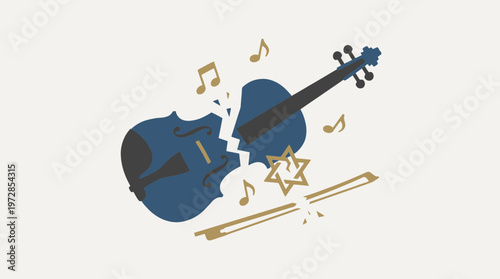 Minimalist vector of a broken violin symbolizing the lost music and culture of the Shoah