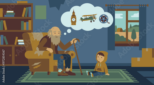Vector scene of an elderly survivor telling a story to a young child about the past