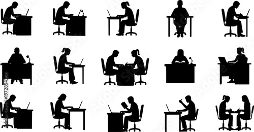 Collection of silhouette icons representing people working and studying at desks with laptops and notebooks, illustrating different postures and activities