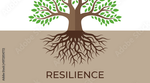 Conceptual vector of a tree with deep roots and new green leaves symbolizing resilience