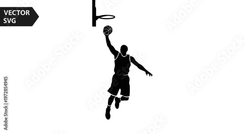 Basketball player dunking silhouette, dynamic action shot, sports vector graphic