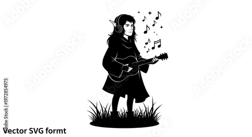 Fantasy Elf Musician Playing Guitar with Music Notes and Stars
