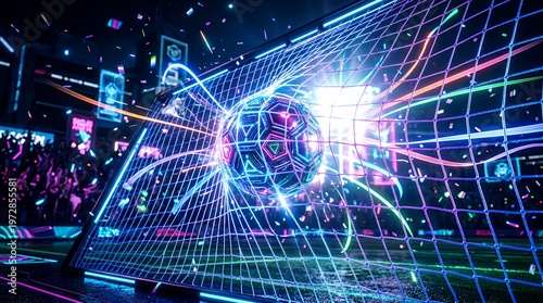 Futuristic digital soccer ball hitting neon glowing goal net in stadium crowd