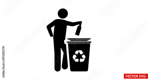 Person discarding glass bottle into recycling bin, environmental concept