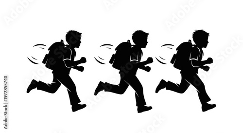 Silhouette of a boy with a backpack running, motion blur effect, white background