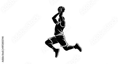 Silhouette of a basketball player jumping and shooting a ball, dynamic sports action, isolated on white background