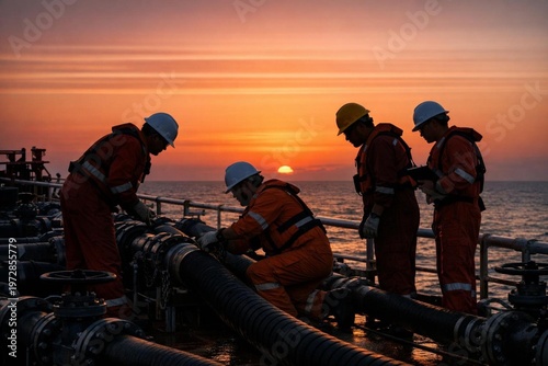 Industrial Offshore Oil and Gas Workers Operating Pipeline at Sunset