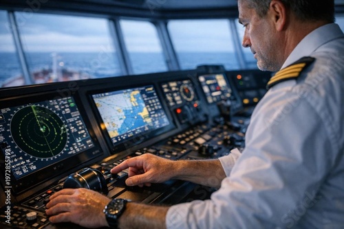 Ship Captain Operating Navigation Systems on Bridge