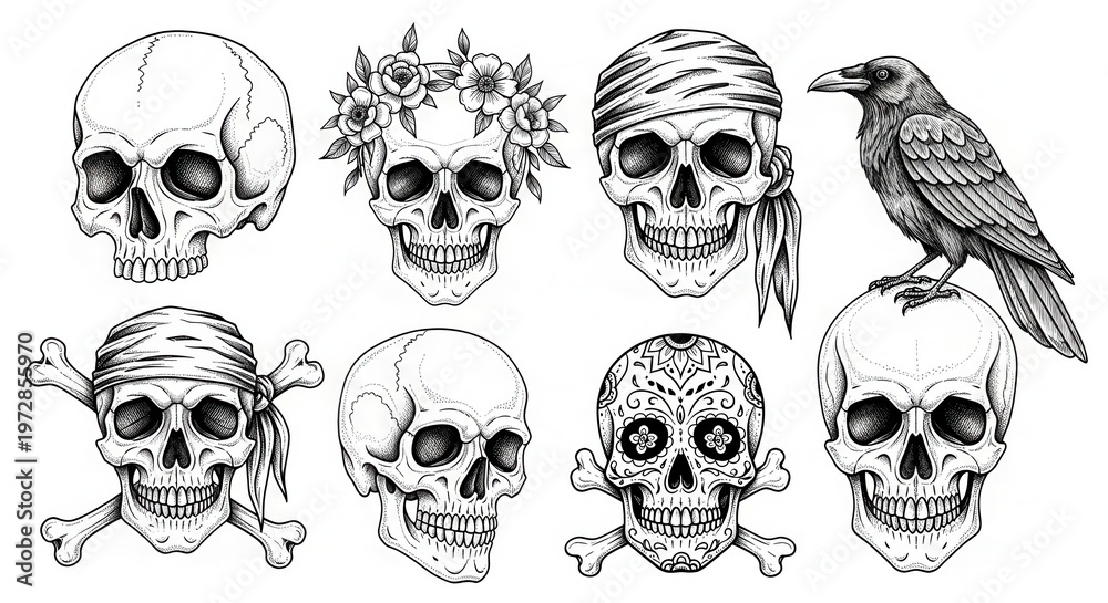 Obraz premium Detailed Black and White Skulls and Raven Illustration.