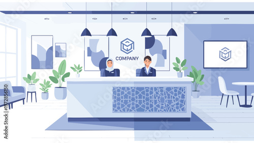 Contemporary Office Reception Area with Professional Staff and Modern Interior Design in Blue Tones