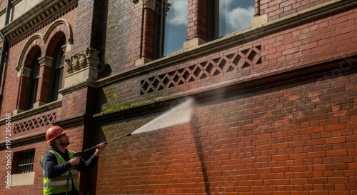 Man using pressure washer on building exterior. Professional cleaning of brick wall for home maintenance and property care concept.
