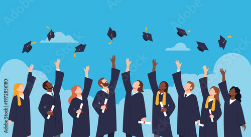 A joyful flat design illustration depicting a diverse group of graduates celebrating their academic achievement by tossing their caps high into the air. 