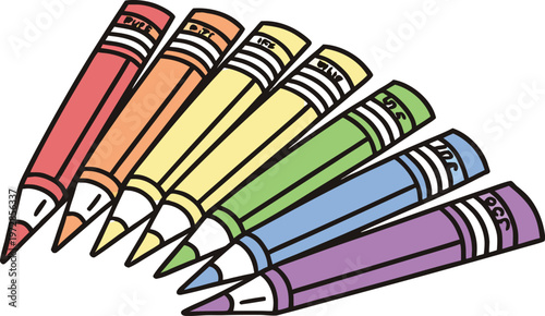 A colorful stack of school books and pencils arranged in a row with drawing paper and crayons for art, education, and creative design in a library or office
