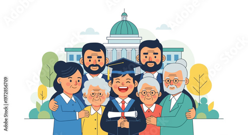 A heartwarming flat design illustration showcasing a multi-generational family celebrating the graduation of a loved one, emphasizing support and joy.