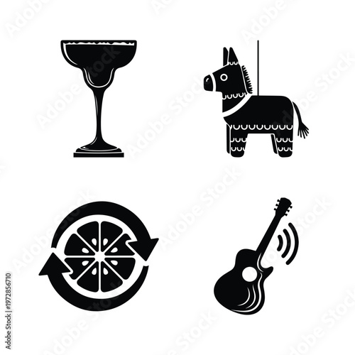 Set of black mexican party icons including margarita glass pinata lime slice and acoustic guitar silhouette