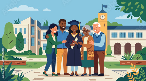 A heartwarming flat design illustration showcasing a multi-generational family celebrating the graduation of a loved one, emphasizing support and joy.