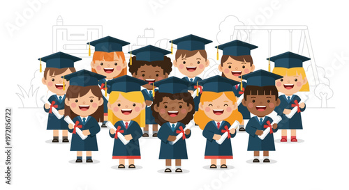 A heartwarming flat design illustration of diverse kindergarten children celebrating their graduation with caps, gowns, and diplomas.