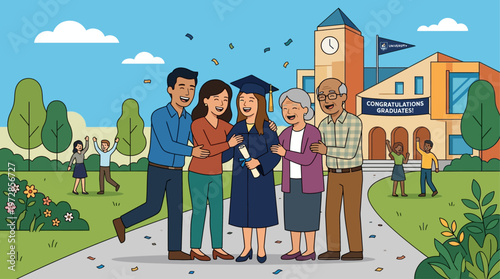 A heartwarming flat design illustration showcasing a multi-generational family celebrating the graduation of a loved one, emphasizing support and joy.