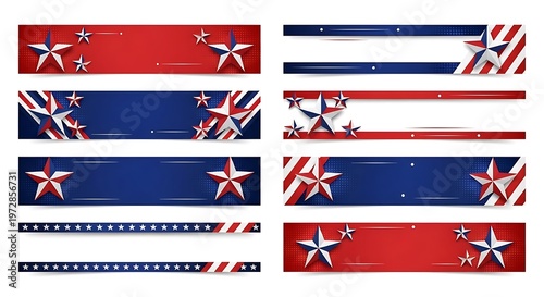 A collection of patriotic american style web banners featuring red white and blue star designs