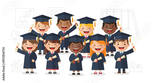 A heartwarming flat design illustration of diverse kindergarten children celebrating their graduation with caps, gowns, and diplomas.
