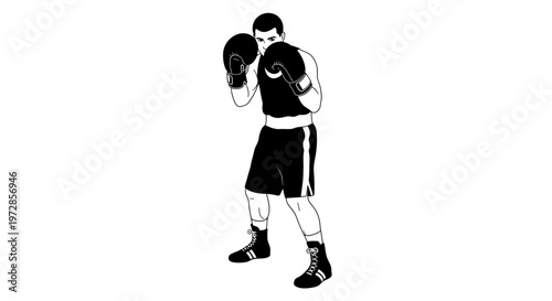 Boxer in stance, black and white illustration, ready for fight