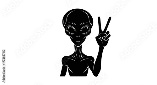 Alien silhouette making peace sign, isolated on white background.