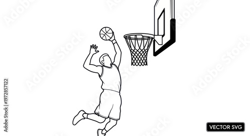 Basketball Player Dunking Hoop Vector Line Art
