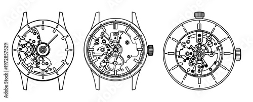Watch movement blueprint set with black line art on white background featuring black and white, line art, blueprint with mechanical parts and clockwork