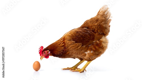 Hen looking at egg isolated on white background.