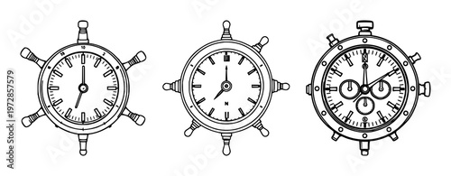 Marine chronometer gimbal set with black line art design featuring timekeeping, navigation, nautical instruments with precision and elegance