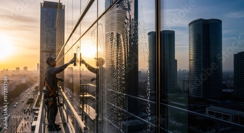 Man window cleaner cleaning the skyscraper facade. Professional worker performing facility maintenance work at height. Urban service.