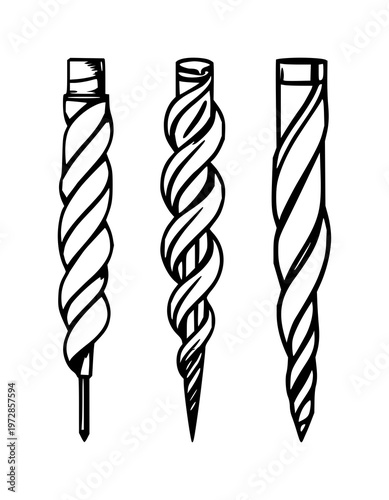 Drill bits set with thin line art design featuring miniature, helix, and twist with flutes and shank for engineering toolkit